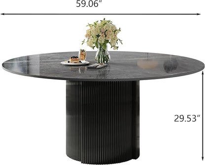 59" Modern Round Dining Table for 6, Gray Sintered Stone Dining Room Table with Black Fluted Metal Pedestal, Easy Assembled Circle Kitchen Table for Home, (Table Only)