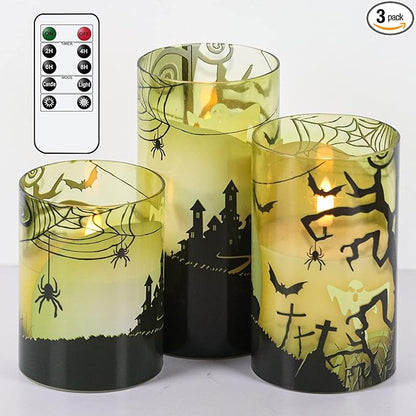 Eldnacele Halloween Flameless Candles with Remote Spider Web, Ghost, Castle Decals Battery Operated Real Wax Flickering Glass Pillar Candle for Spooky Holiday Decor 3 Pack