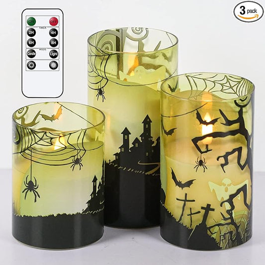 Eldnacele Halloween Flameless Candles with Remote Spider Web, Ghost, Castle Decals Battery Operated Real Wax Flickering Glass Pillar Candle for Spooky Holiday Decor 3 Pack