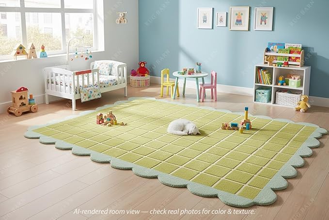Checkered Wool Area Rug with Scalloped Border, Chartreuse Green & Cream Grid, Hand-Tufted, Soft Cut Pile, Modern Cottagecore Living Room, Bedroom & Nursery Carpet - 9x9 Ft (Square)