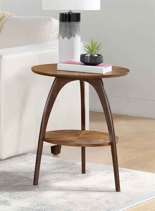 Martin Svensson Home LAX Retro Mid-Century Modern Round Wood End Table, Solid Grain Side Table with Lower Shelf, Small Accent Table for Living Room or Nightstand. Caramel Brown Top & Walnut Legs
