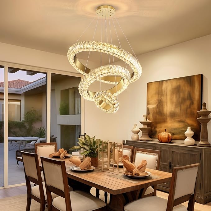 23.6" 3 Ring Crystal Chandelier Modern LED Dimmable Ring Pendant Light Round Chandelier for Dining Room Living Room Gold