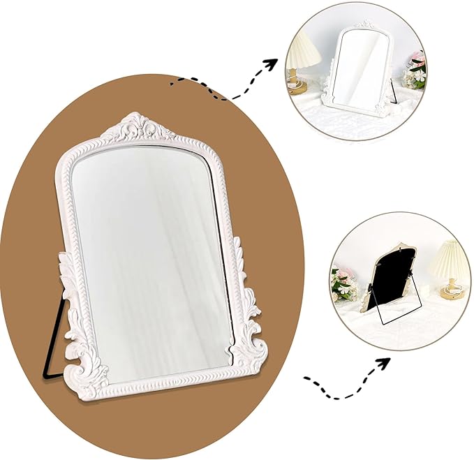 11.8" x 9.6" Small White Arched Vanity Mirror, Vintage Makeup Mirror Baroque Style Arendahl Carved Mirror with Frame for Desk Decorative Table Aesthetic