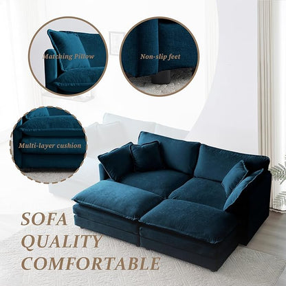 SoarFlash Chenille Sectional Sofa, Comfy Modular Coush Sofa with Ottoman, Modern 2 Seat Recliner Deep Seat Sofa Set for Living Room,Deep Blue