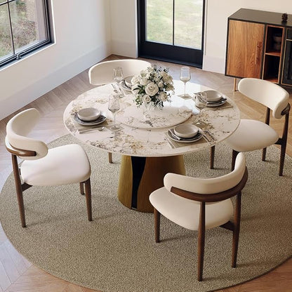 POVISON Round Dining Table for 4, 47" Modern Dining Room Table with 23" Lazy Susan, Pandora Sintered Stone Dining Tabletop with Black Carbon Steel Pedestal(Dining Table Only)