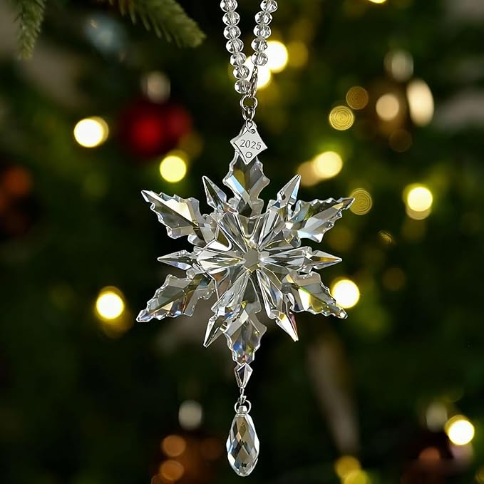 2025 Annual Christmas Ornaments Crystal Snowflake Star - Christmas Tree Ornaments Pendant Crystal Sun Catcher Home Hanging Decor(2025 White 3floors)