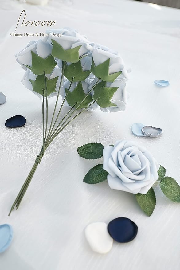 Floroom Artificial Flowers 50pcs Real Looking Powder Blue Foam Fake Roses with Stems for DIY Wedding Bouquets Bridal Shower Centerpieces Floral Arrangements Party Tables Home Decorations