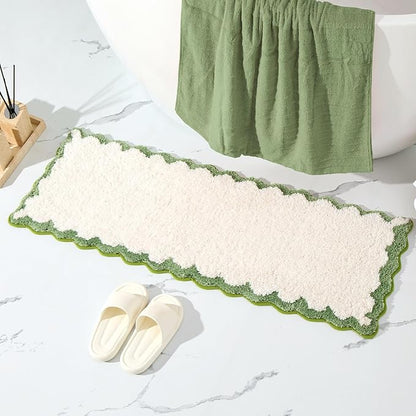 ORTIGIA Long Cute Scalloped Bathroom Rugs Runner, Fun White and Green Plush Microfiber Scallop Bath Mats Non Slip Washable Quick Dry Absorbent, Rug for Bathtub Sink Laundry Room Bedroom, 17x47