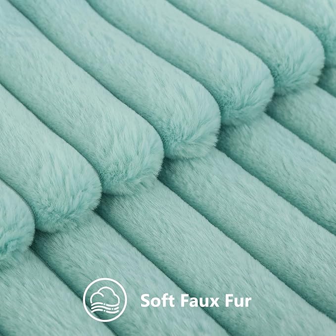 decorUhome Faux Fur Throw Pillow Covers 18x18 Set of 2, Decorative Soft Plush Striped Neutral Euro Pillow Covers with Velvet Back for Bed, Living Room Home Decor, Aqua