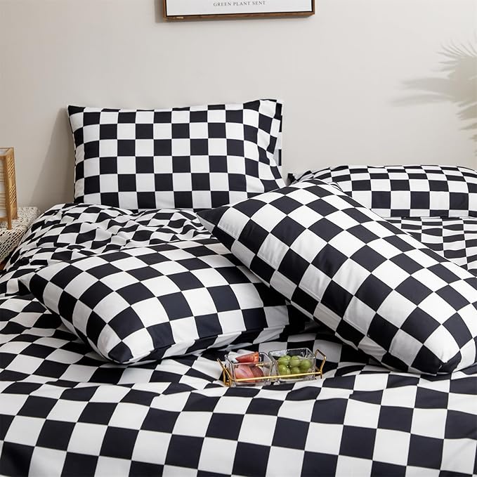 CLOTHKNOW California King Comforter Set Black Grid 3Pcs Bedding Comforter Sets Checker Comforter Black and White Comforter Sets Cal King