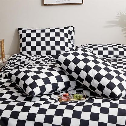CLOTHKNOW California King Comforter Set Black Grid 3Pcs Bedding Comforter Sets Checker Comforter Black and White Comforter Sets Cal King