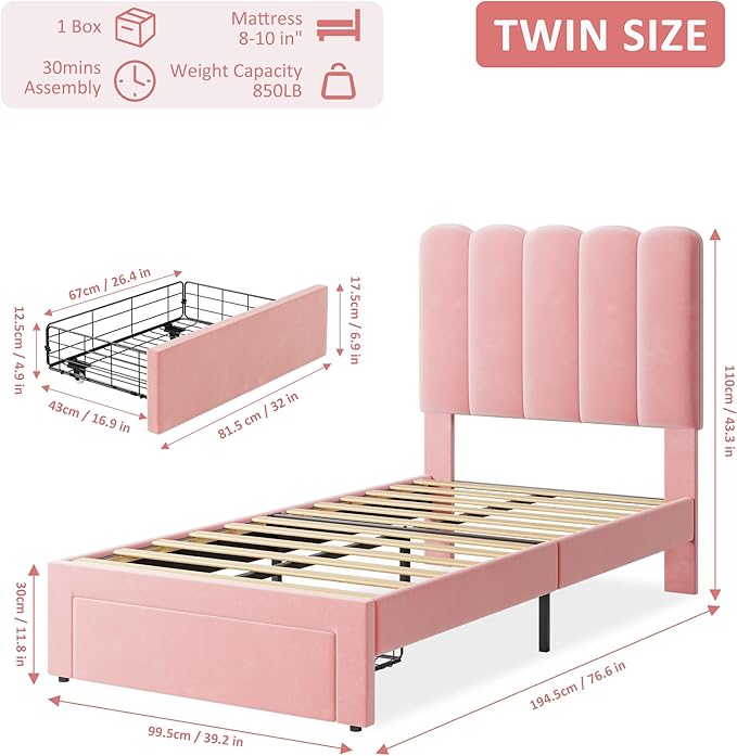 GarveeHome 2 Sets Twin Bed Frame with Under-Bed Drawer, Upholstered Platform Bed with Wave Headboard for Kids/Girls, Wooden Slats Support, No Box Spring Needed, Velvet Pink