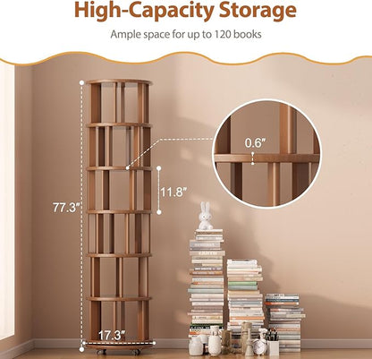 Solid Wood Rotating Bookshelf on Wheels, 6 Tier, Round Revolving Bookcase, 360° Spinning Book Shelf Tower for Kids, Narrow Rolling Bookshelves for Small Space, Corner, Bedroom, Office, Walnut