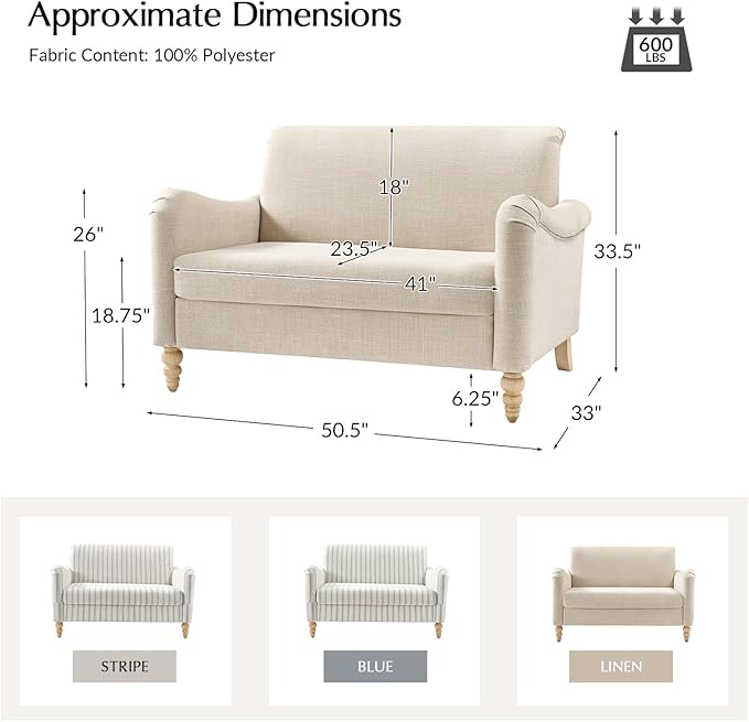 EcoHarbor Living 50.5" Mid-Century Modern Couch, Upholstered Sofa with Armrests, Stripe Mini Couches for Small Spaces, Living Room, Bedroom, Office, Apartment, Linen
