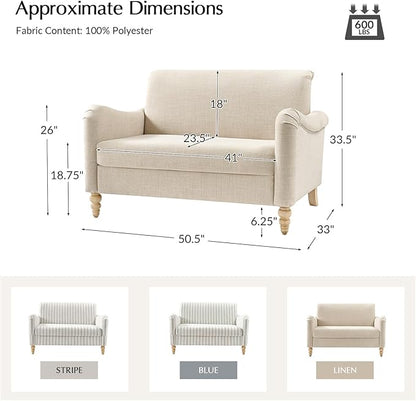 EcoHarbor Living 50.5" Mid-Century Modern Couch, Upholstered Sofa with Armrests, Stripe Mini Couches for Small Spaces, Living Room, Bedroom, Office, Apartment, Linen