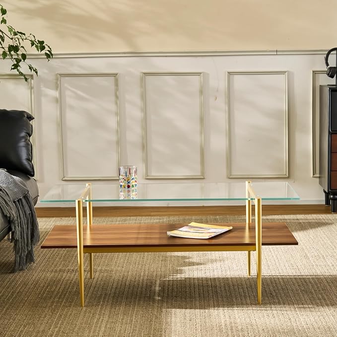 Saint Mossi Tadio Glass Coffee Table, Clear Double Layer Glass Coffee Table for Living Room, Clear Glass & Coffee Brown Bottom Shelf
