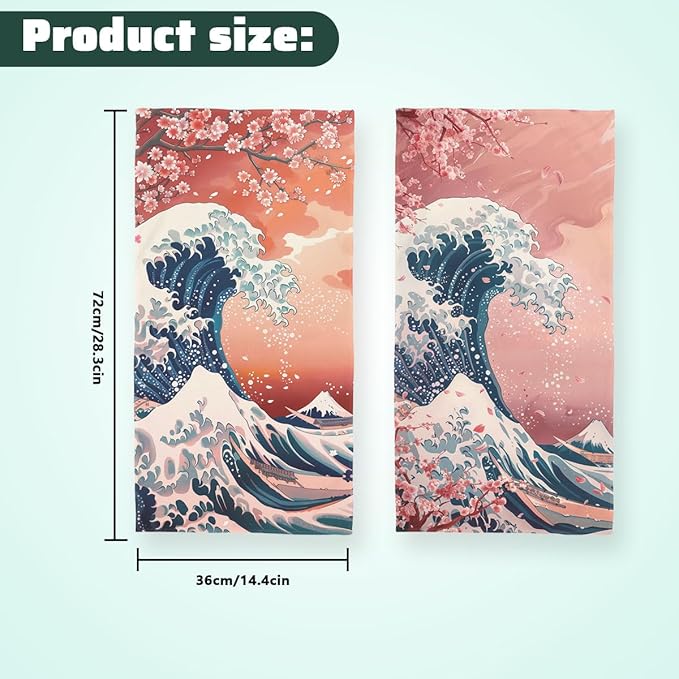 Cherry Blossom Kitchen Towels Set of 2 Japanese Ocean Wave Anime Dish Towels Gifts for Women 16x24 Tabletop Decor