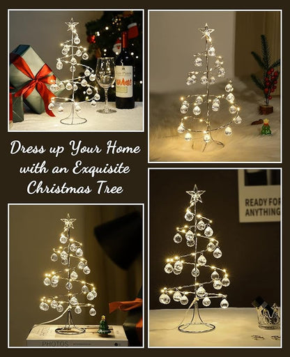 Lewondr Christmas Tree Lamp, 13 Inch Battery/USB Powered Crystal Spiral Christmas Tree Lava Lamp with Star Topper, Xmas Tree Light with Metal Stand Acrylic Balls for Home Bedroom Xmas, Silver