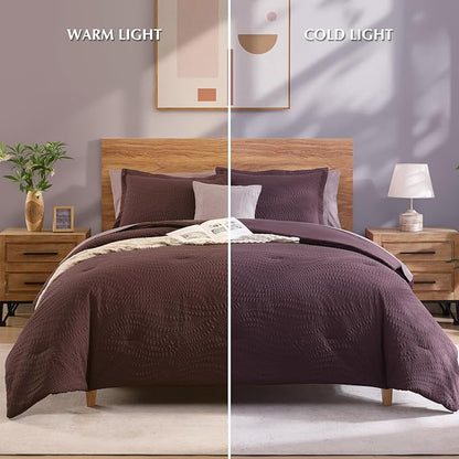 Geniospin Queen Comforter Set - 7 Pieces Purple Bedding Set, Botanical Textured Fall Comforter Set, All Season Comfortable Bed in a Bag with Comforter, Sheets, Pillowcases & Shams