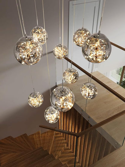 10-Light High Ceilings Long Chandeliers LED Staircase Chandelier High Ceiling Chandelier for Entryway,Modern Crystal Long Pendant Light, Adjustable Length 16" W x79 H，50W