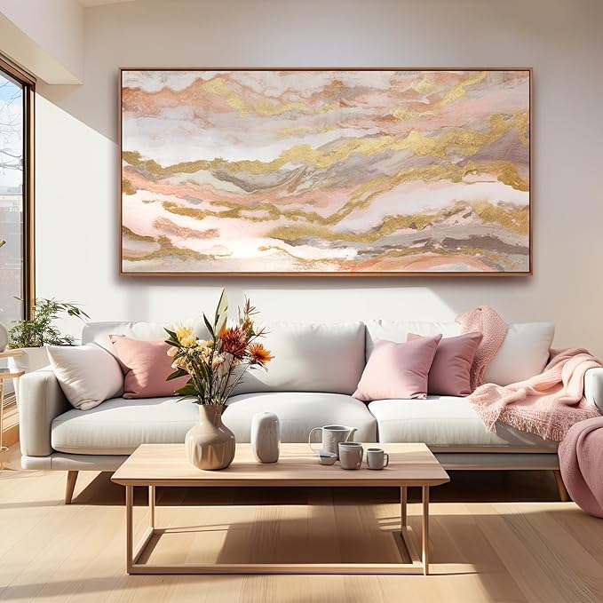 Abstract Pink Canvas Wall Art Framed Gold Abstract Line Artwork for Living Room Decor Canvas Art Bedroom Pictures Office Decoration for Wall 30x60in