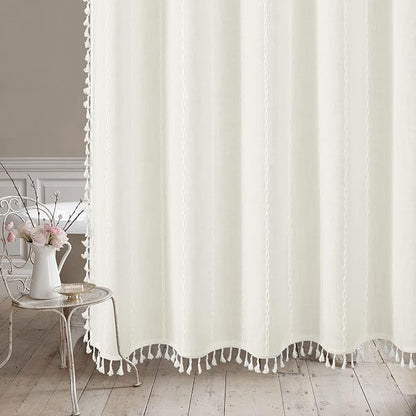 MitoVilla White Boho Extra Long Shower Curtain 72 x 84, Modern Farmhouse 84 inch XL Rustic Polyester Linen Tassel Heavy Duty Shower Curtain Set with Hooks for Cottagecore Country Bathroom Decor Ivory