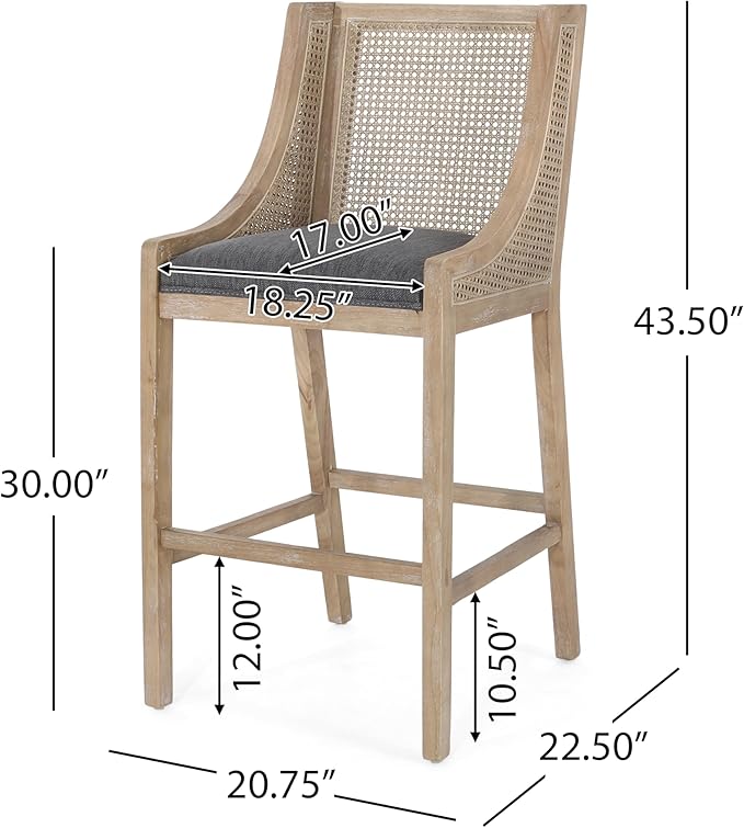 Merax 30" Fabric Upholstered Wood and Cane Barstools with Backrest,Set of 2,French Country Counter Stools Chair