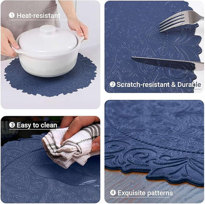 Noctiflorous Round Faux Leather 15 Inch Placemats Set of 4 Waterproof Wipeable Heat Resistant Tablemat for Dining Table Kitchen Non Slip Oilproof Table Place Mat for Indoor Outdoor(A Blue, 4)