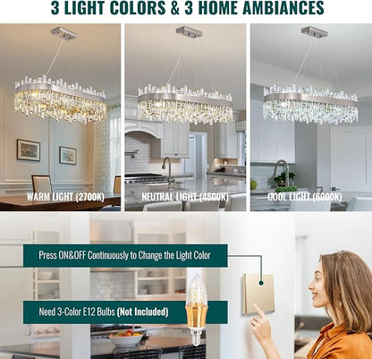 Siljoy 16-Light Modern Crystal Chandelier, Luxury Rectangular 2-Tier Crystal Raindrop Chandelier, Brushed Nickel Oval Pendant Ceiling Light Fixture for Dining Room Kitchen Island Bar L35.4''