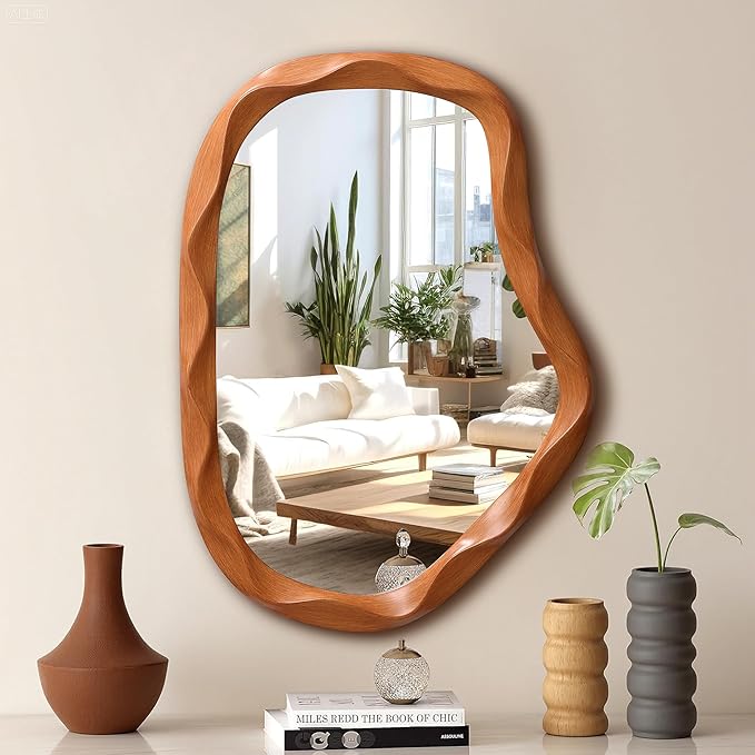 LuxenHome Irregular Wall Mirror, 31.5"x22.6" Large Asymmetrical Mirror Decorative with Dark Brown MDF Wood Frame Vanity Mirrors for Bathroom, Bedroom, Living Room, Entryway, Hanging Home Wall Decor