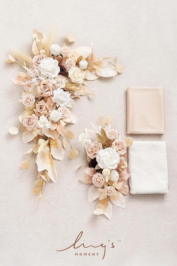 Ling's moment Spring Wedding Arch Flowers Kit Pack of 4, 2pcs Hanging Flower Arrangement 2pcs Chiffon Drapes Ceremony Fake Rose Arbor Backdrop Artificial Floral Outdoor Decorations, White Beige
