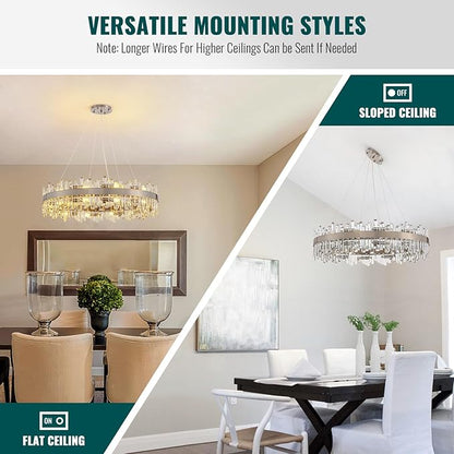 Siljoy 39.4'' Modern Crystal Chandelier, Luxury Large Nickel 2-Tiers Raindrop Chandelier, Adjustable Flush Mount Pendant Ceiling Light for Living Dining Room Foyer Entryway E12 x 20