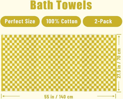 Luxury Bath Towels  Pack of 2 Cotton Fall Bathroom Towels Sets for Body Drying 55x27.5 Inches Mustard Yellow Checkered