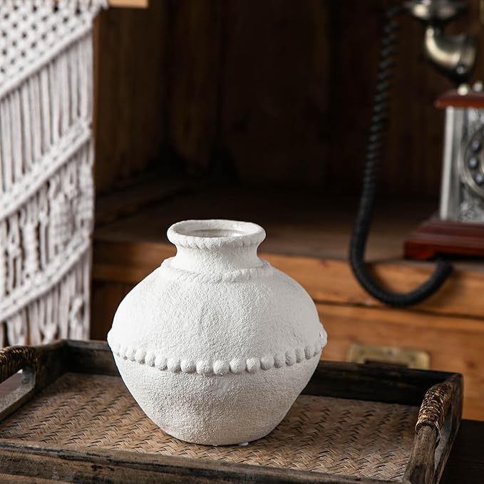 Rustic Ceramic Vase with Boho Wooden Beads, Matte Decorative Pottery for Modern Farmhouse and Bohemian Decor, Floral Arrangements, Bedroom, Shelf, or Side Table Accents