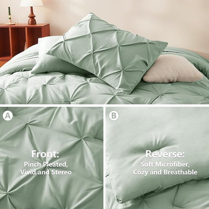 CozyLux Queen Comforter Set Sage Green, 7 Pieces Pintuck Bed in A Bag, Premium Green Comforter Queen Size, Pinch Pleat Bedding Sets with Comforter, Sheets, Pillowcases & Shams