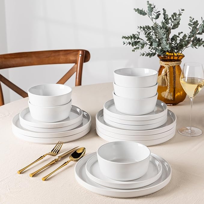 AmorArc Dinnerware Sets for 6, 18 Piece Stoneware Plates and Bowls Set, Chip and Crack Resistant Plates Set, Dishwasher & Microwave Safe Ceramic Dishes - White, Service for 6