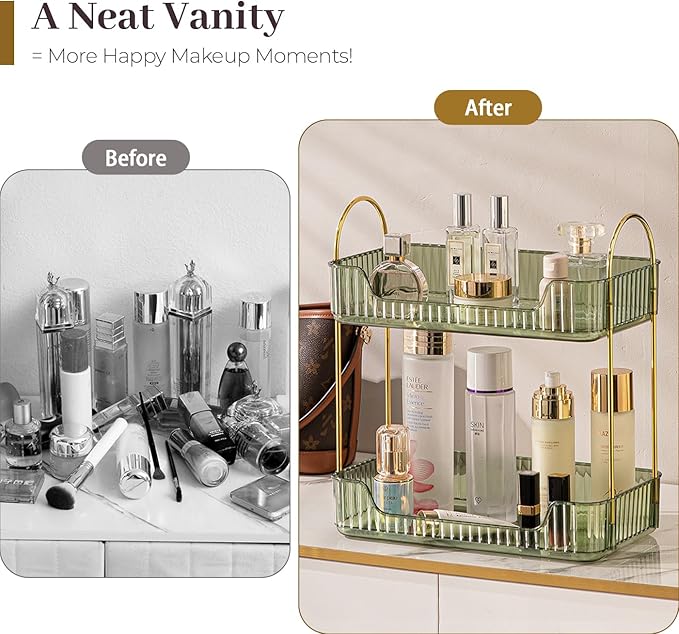 Aveniee Bathroom Counter Organizer, 2 Tier Perfume Skin Care Countertop Storage Shelf, Vanity Makeup Tray for Cosmetic Skincare Lotion,Green