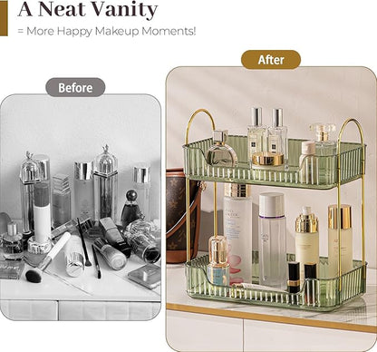 Aveniee Bathroom Counter Organizer, 2 Tier Perfume Skin Care Countertop Storage Shelf, Vanity Makeup Tray for Cosmetic Skincare Lotion,Green