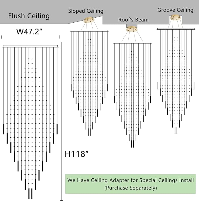 W47 x H120 Luxury Crystal Chandelier with LED Bulbs Glam Raindrop High Ceiling Square Light Chandeliers for Entrance Large Villa Foyer Living Room Lighting Fixtures Gold