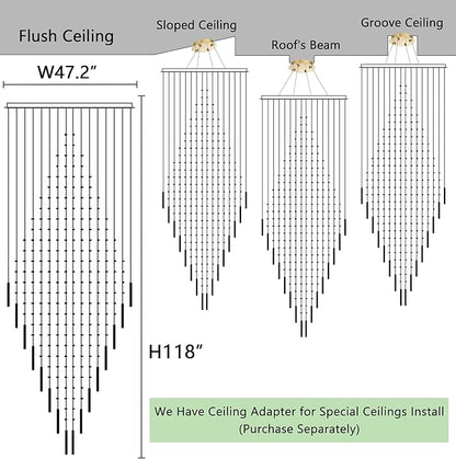 W47 x H120 Luxury Crystal Chandelier with LED Bulbs Glam Raindrop High Ceiling Square Light Chandeliers for Entrance Large Villa Foyer Living Room Lighting Fixtures Gold