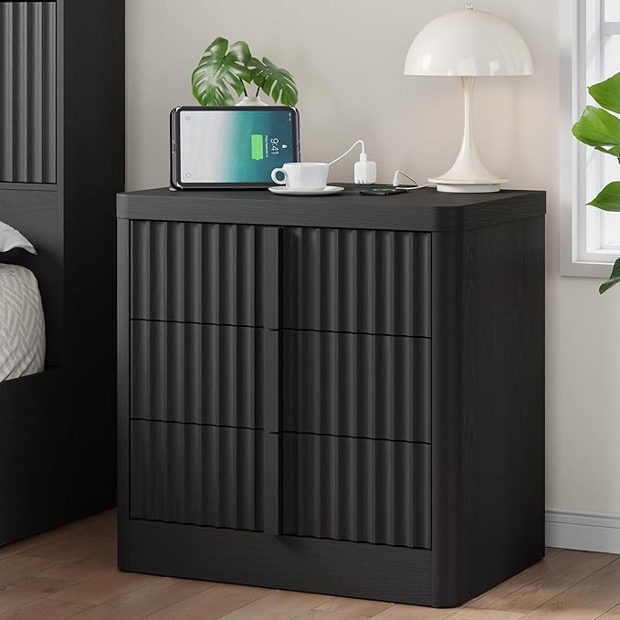 Fluted Nightstand with Charging Station, 23.6" Night Stand with Solid Wood Handle, Mid Century Moden Bedside Table End Table 3 Drawer Dresser for Bedroom, Living Room, Black