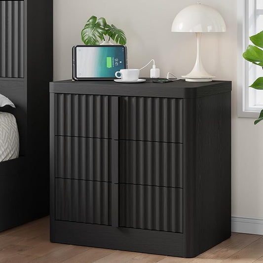 Fluted Nightstand with Charging Station, 23.6" Night Stand with Solid Wood Handle, Mid Century Moden Bedside Table End Table 3 Drawer Dresser for Bedroom, Living Room, Black
