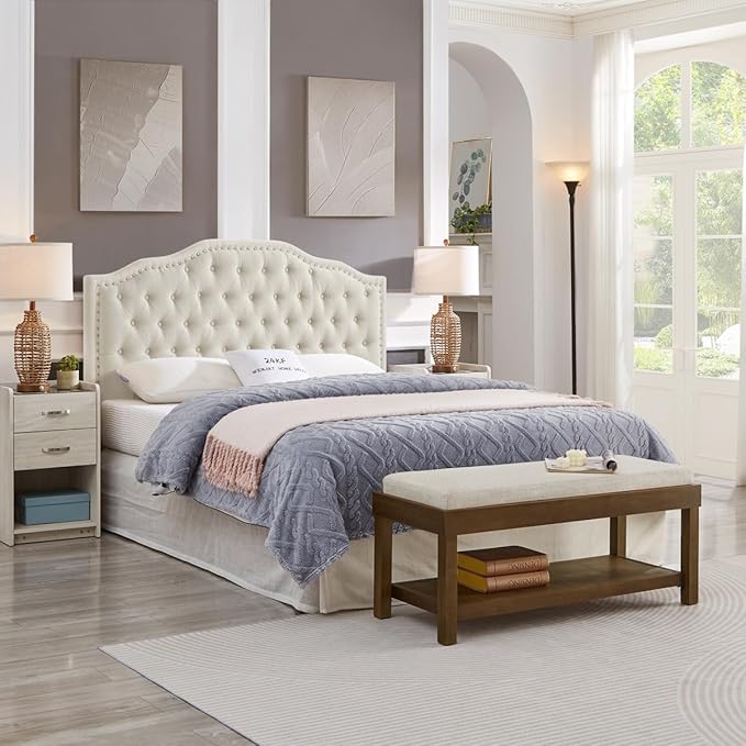 24KF Large Rectangular Storage Bench,Upholstered Seat Cushion,Ottoman Coffee Table with Beige Removable Cushion for Living Room,Entryway Bench Bed Bench with Solid Wood Shelf,5069-Beige