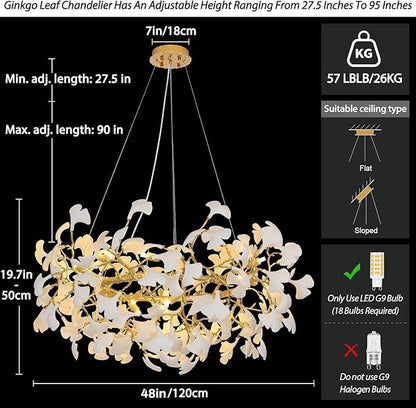 Modern Gold and White Tree Branches Chandeliers for Living Room, 48''Modern Rounde Ceramic Ginkgo Leaf Chandelier, Dining Room Chandelier Over Table, for Foyer, Bathroom, Bedroom