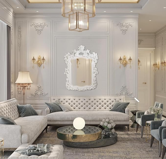 Howard Elliott Turner Large Ornate Mirror, White Ornate Mirror Beveled Edges Rectangular Vanity Mirror with Baroque Scroll Pattern for Bedroom, Living Room, Bathroom & Entryway, 56 x 42 Inch