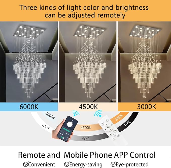 W40 x H120 Glam Chandelier with LED Bulbs Square Chandeliers, Crystal Raindrop High Ceiling Pendant Light for Entrance Large Villa Chandelier Foyer Lighting Fixtures Silver