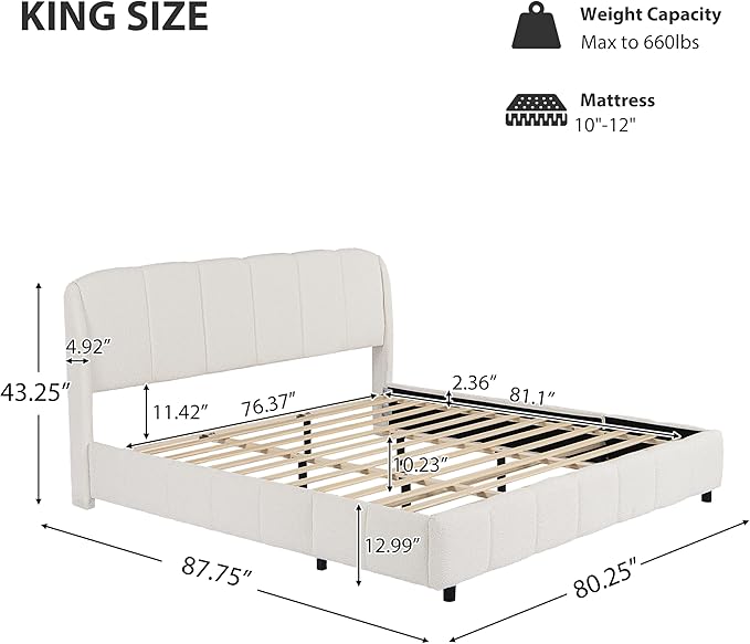 King Size Bed Frame, Upholstered Cloud Boucle Platform Beds Frames with Headboard, Anti-Collision Soft Rounded Corners Footboard, No Box Spring Required, Easy Assembly (43" Beige, King)