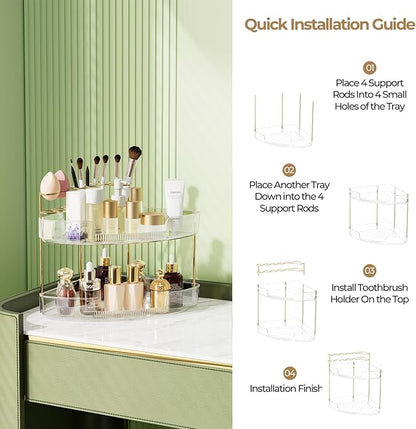 FELIZHOUSE 2-Tier Makeup Organizer for Vanity & Bathroom Countertop – Acrylic Storage Shelf with Perfume Makeup Brush Holder, Tool-Free Installation, Design for Bathroom & Dresser - Clear