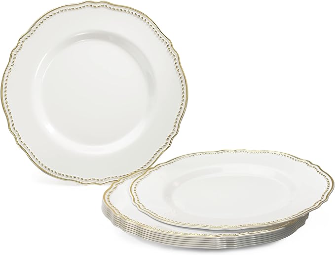 " OCCASIONS " 240 Plates Pack,(120 Guests) Heavyweight Premium Disposable Plastic Plates Set -120 x 10.25'' Dinner + 120 x 7.5'' Salad/Dessert (Rochelle White and Gold)