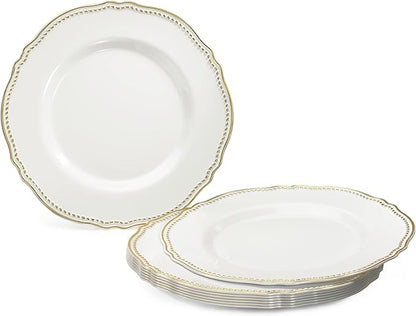 " OCCASIONS " 240 Plates Pack,(120 Guests) Heavyweight Premium Disposable Plastic Plates Set -120 x 10.25'' Dinner + 120 x 7.5'' Salad/Dessert (Rochelle White and Gold)